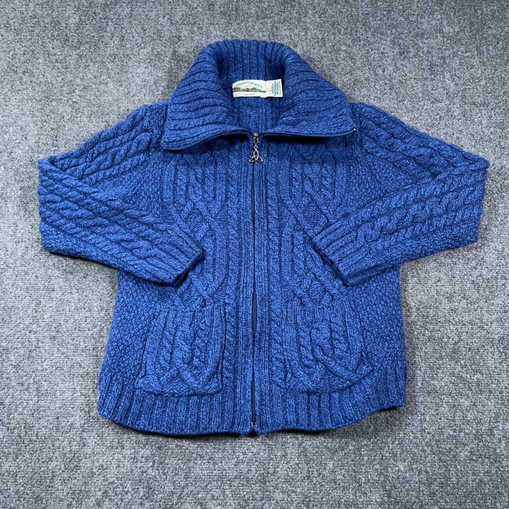 VTG Aran Crafts Cable Knit Full Zip Sweater Women Large Merino Wool Blue Ireland